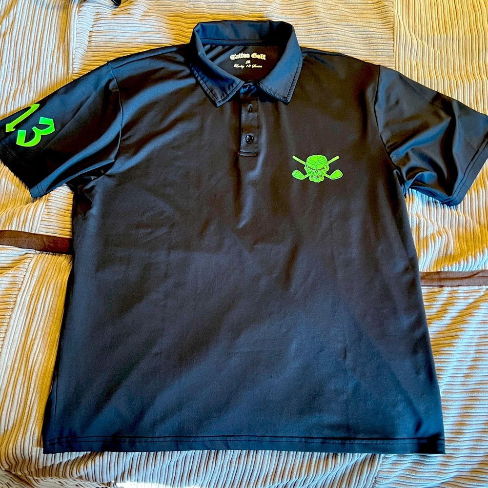 Tattoo Golf Lucky 13 Black Golf Polo with Green Logo. SZ Medium Great Shape